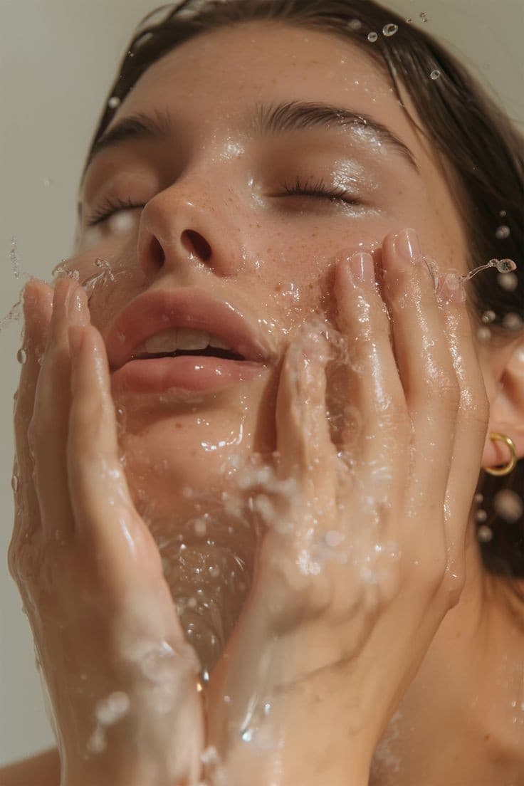 Rotina de skincare editorial com pele luminosa e frascos premium.