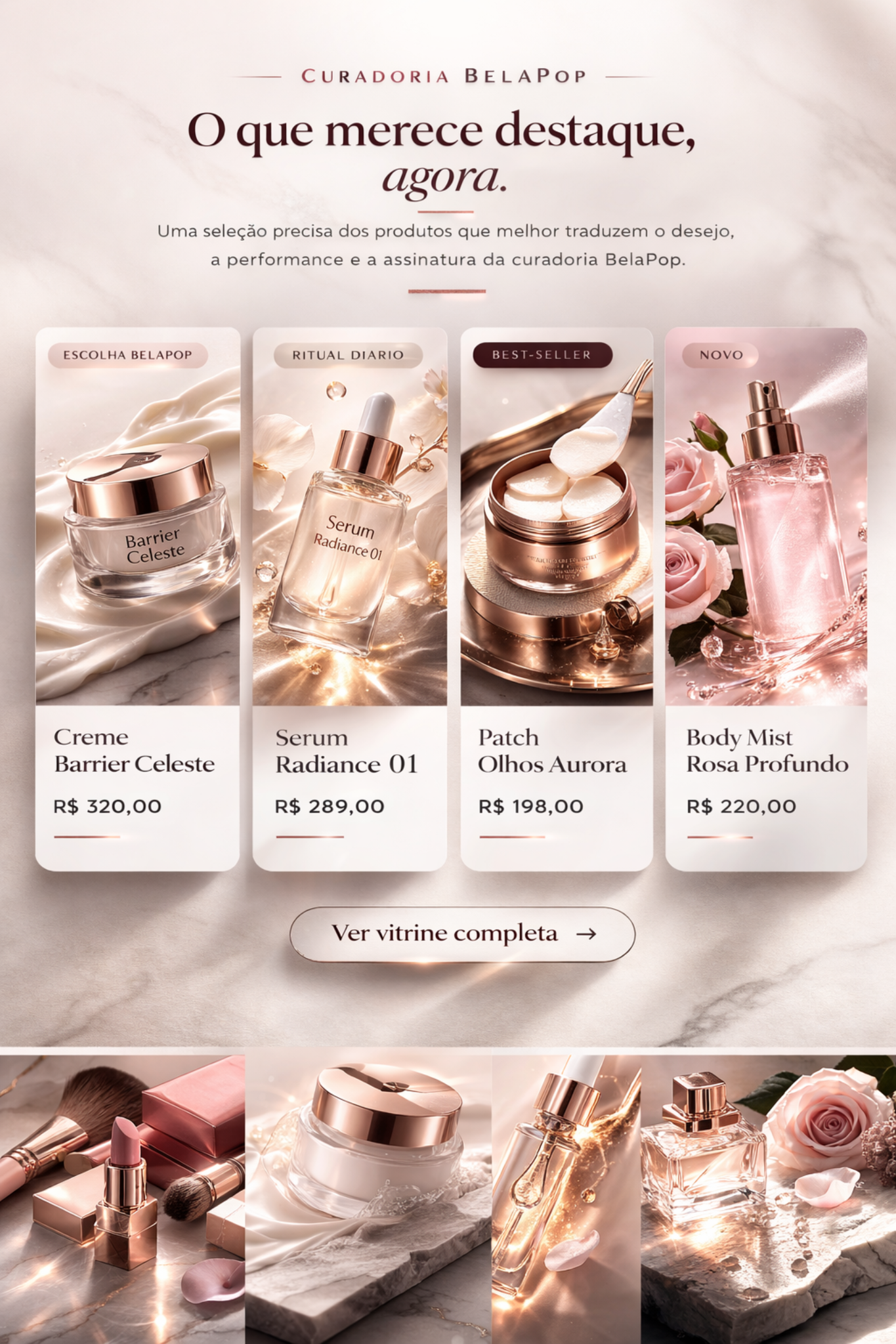 Vitrine premium com lancamentos e textura editorial.